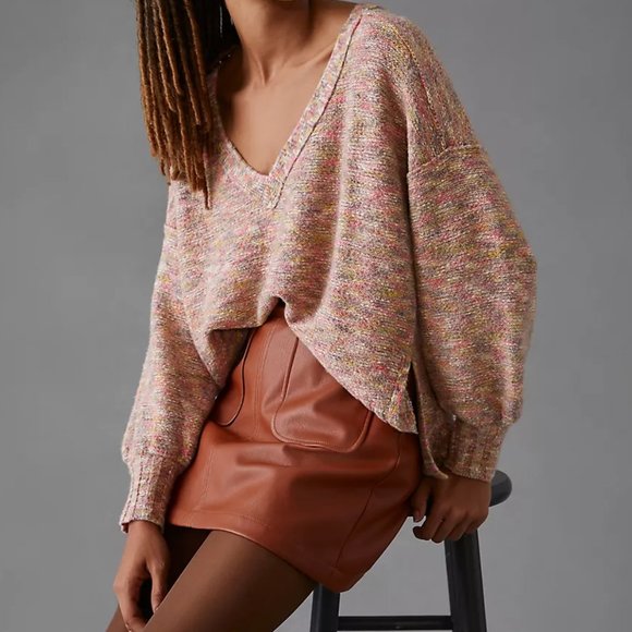 Anthropologie Pilcro Deep V Sweater -  Pink Spacedye Combo XXS 2XS 00 - Picture 1 of 9